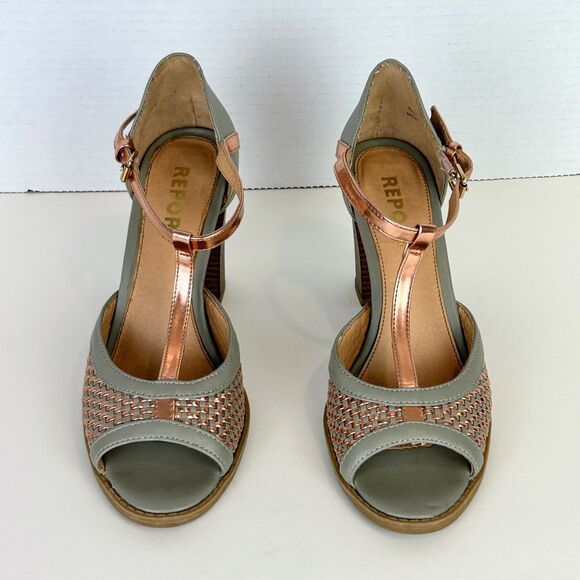 Report Meg T Strap Heels Woven Gray & Metallic Rose Gold Open Toe Block Heel 8 - Picture 3 of 11